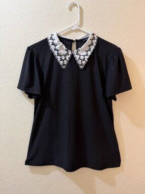 Black Blouse with Embroidered Peter Pan Collar Size M